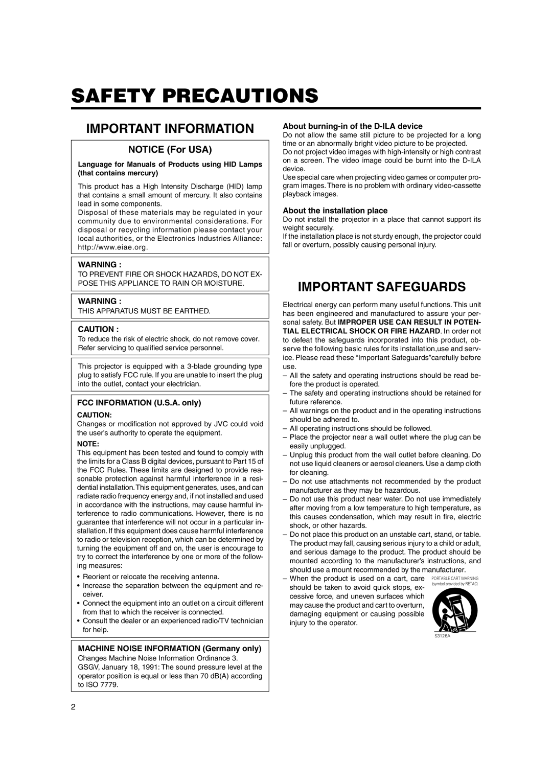 JVC DLA-SX21E, DLA-SX21SU, DLA-SX21SE instruction manual FCC Information U.S.A. only, Machine Noise Information Germany only 