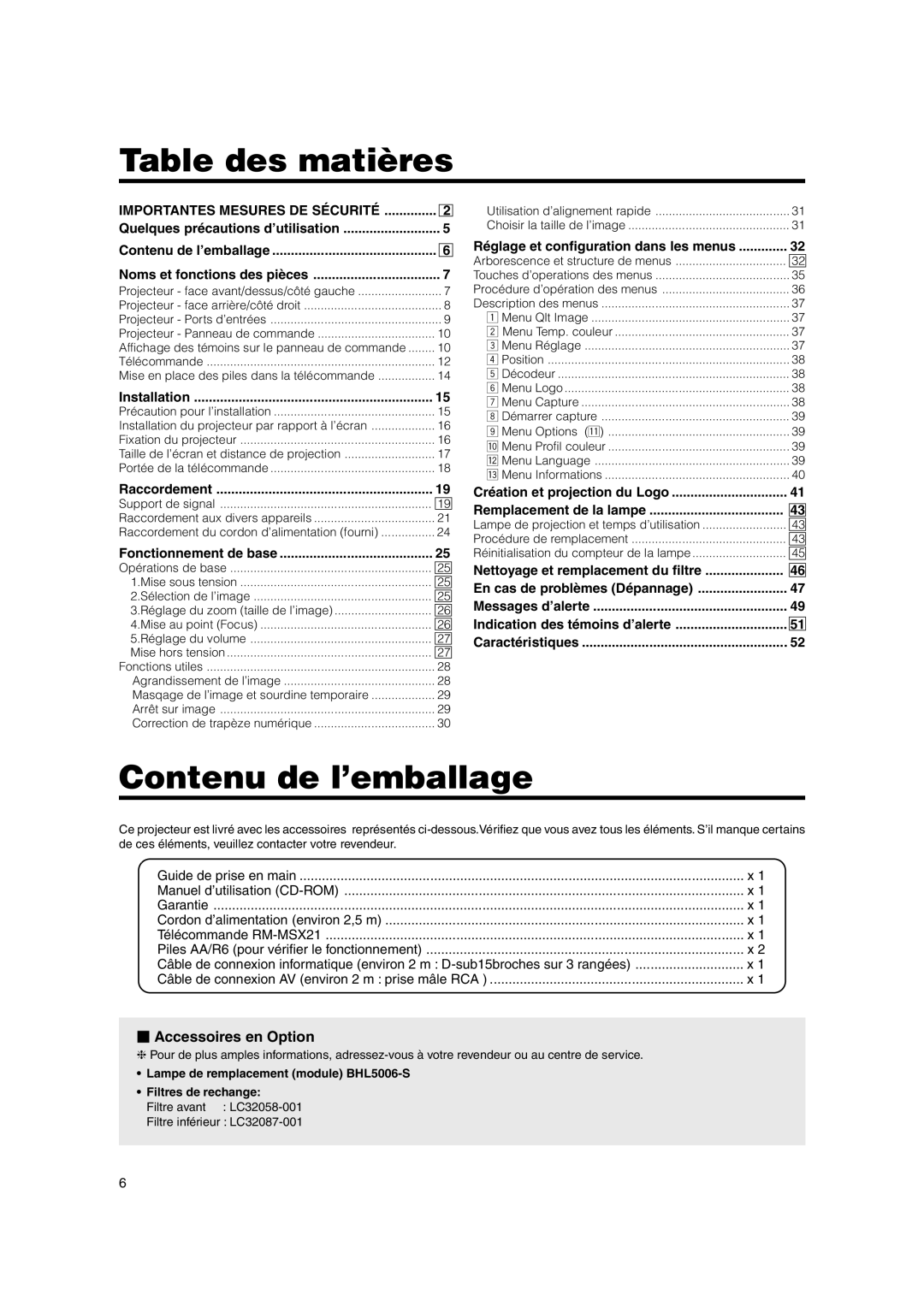 JVC DLA-SX21E, DLA-SX21SU, DLA-SX21SE instruction manual Table des matières, Contenu de l’emballage, Accessoires en Option 