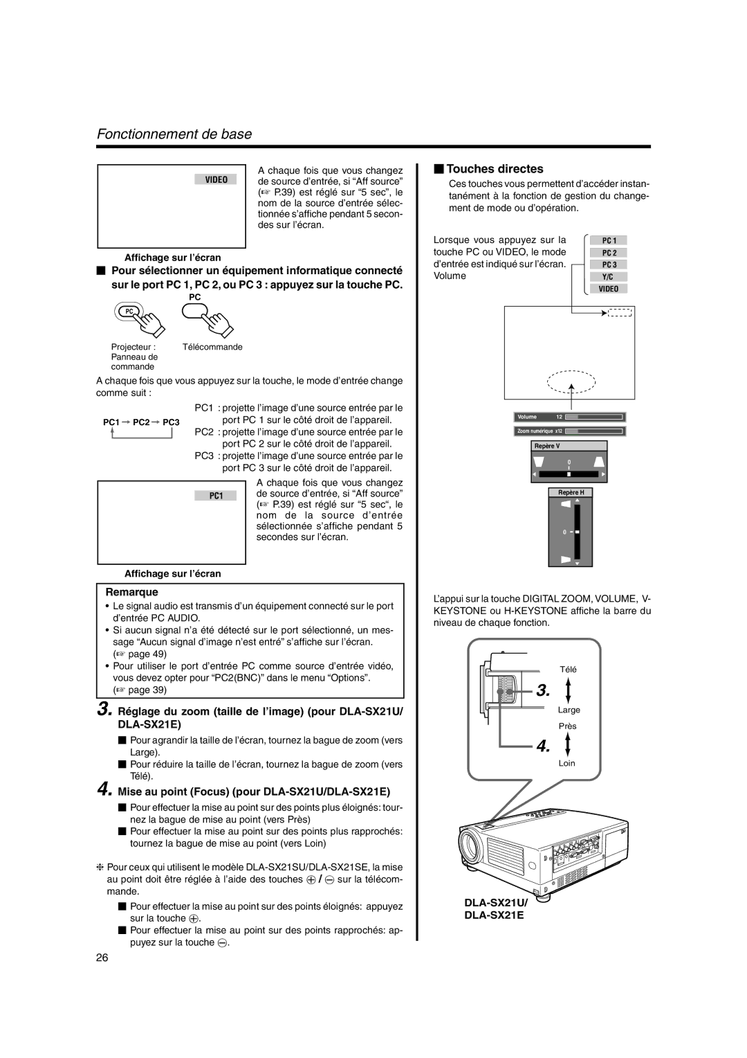 JVC DLA-SX21SU Fonctionnement de base,  Touches directes, Réglage du zoom taille de l’image pour DLA-SX21U/ DLA-SX21E 