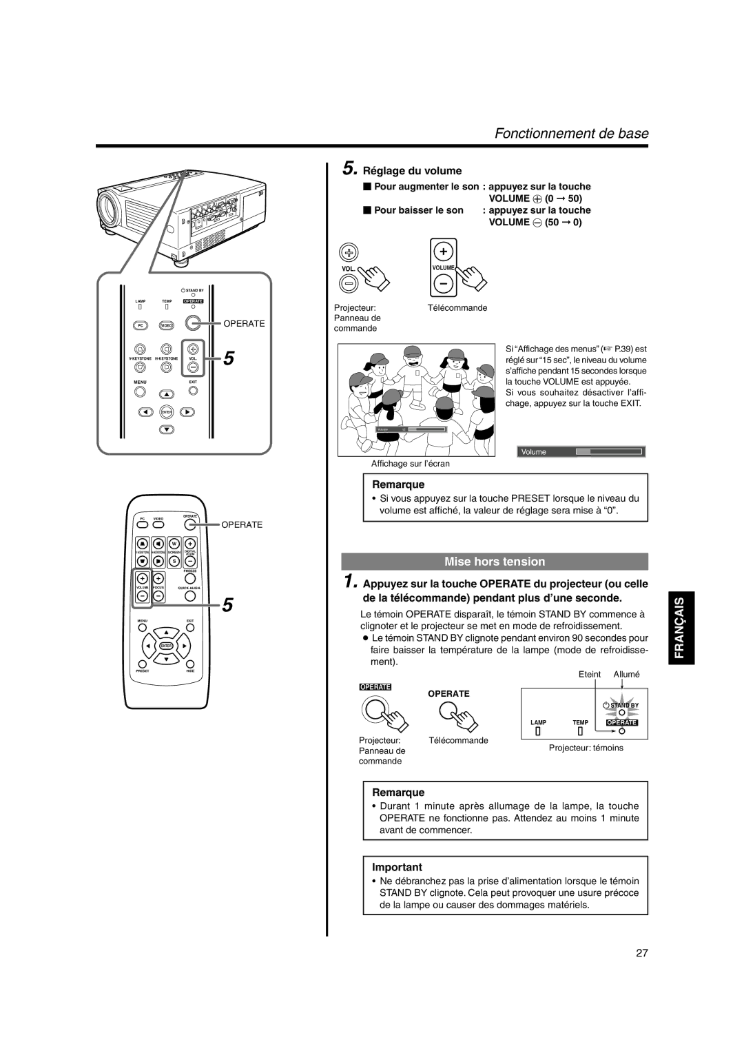 JVC DLA-SX21SE, DLA-SX21SU, DLA-SX21E instruction manual Mise hors tension, Réglage du volume 