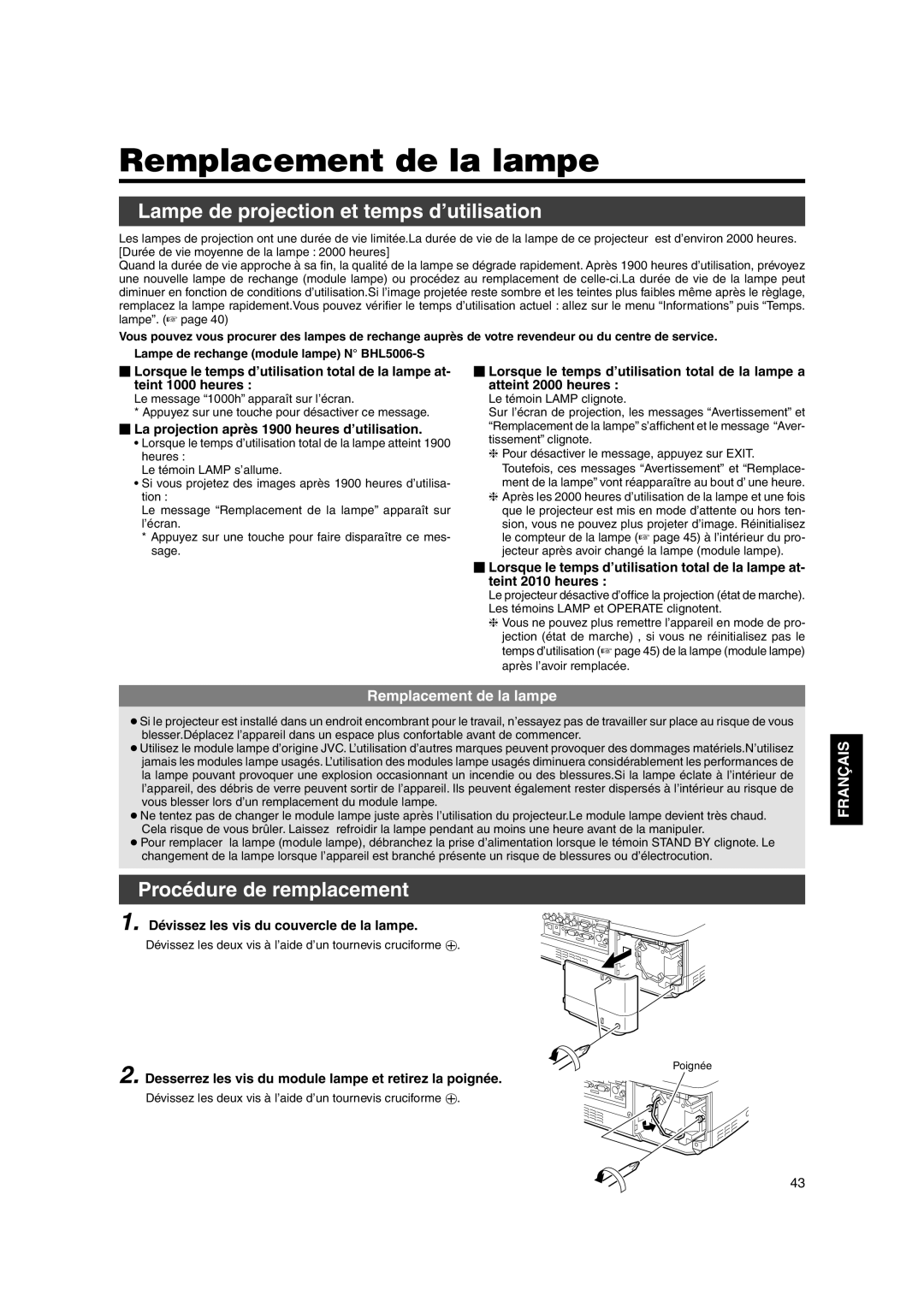 JVC DLA-SX21E, DLA-SX21SU Remplacement de la lampe, Lampe de projection et temps d’utilisation, Procédure de remplacement 