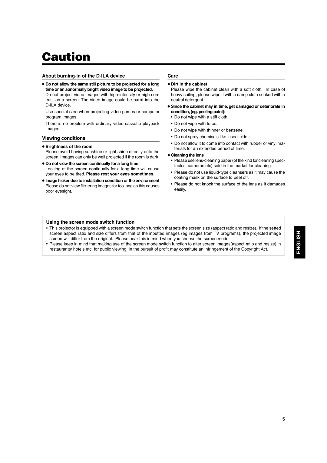 JVC DLA-SX21E About burning-in of the D-ILA device, Viewing conditions, Care, Using the screen mode switch function 