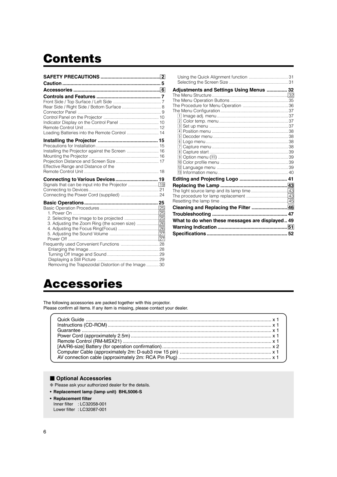 JVC DLA-SX21SU, DLA-SX21SE, DLA-SX21E instruction manual Contents, Accessories 