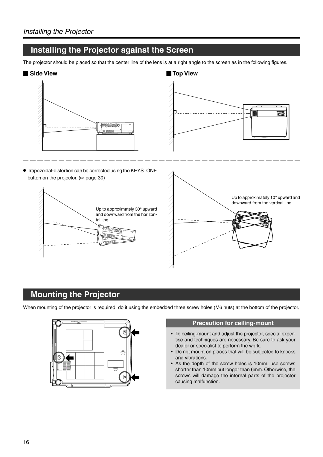 JVC DLA-SX21U manual Installing the Projector against the Screen, Mounting the Projector,  Side View  Top View 