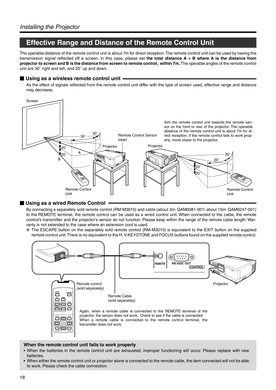 JVC DLA-SX21U manual Effective Range and Distance of the Remote Control Unit,  Using as a wireless remote control unit 