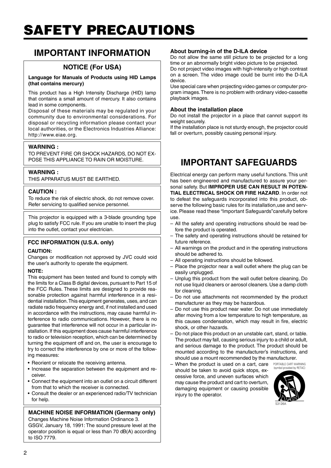 JVC DLA-SX21U manual FCC Information U.S.A. only, Machine Noise Information Germany only 