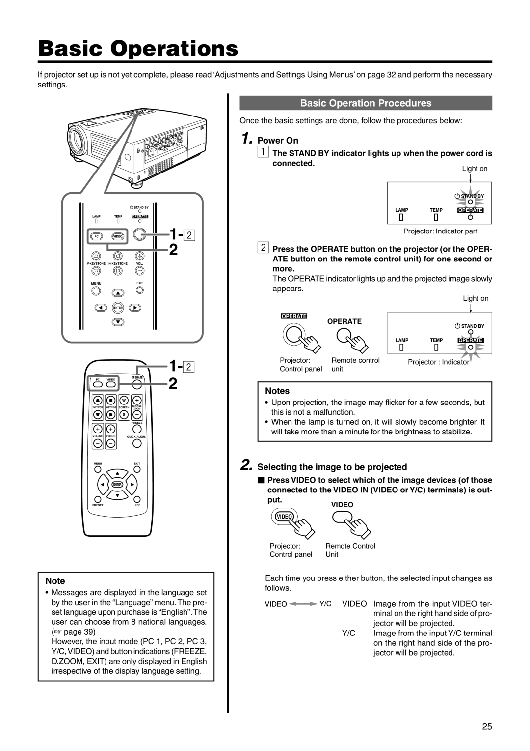 JVC DLA-SX21U manual Basic Operations, Basic Operation Procedures, Power On, Selecting the image to be projected 