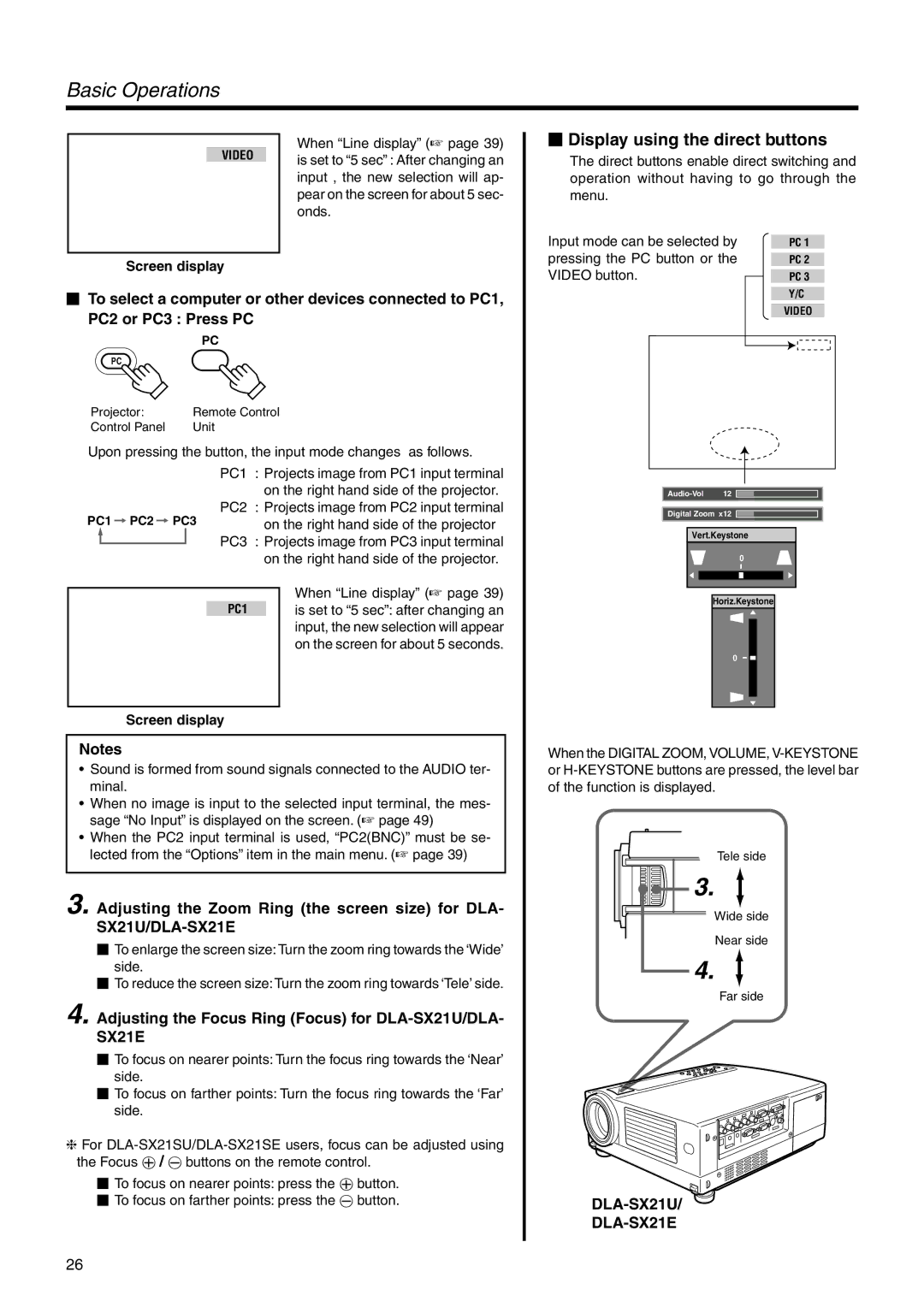 JVC DLA-SX21U manual Basic Operations,  Display using the direct buttons, Screen display 