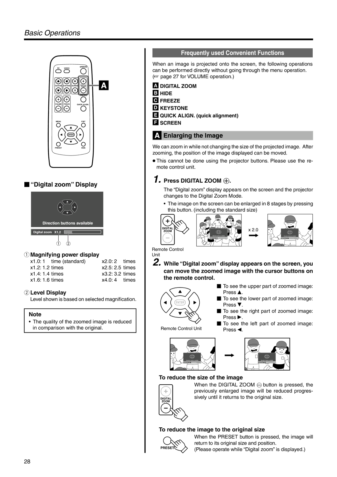 JVC DLA-SX21U manual  Digital zoom Display, Frequently used Convenient Functions, Enlarging the Image 