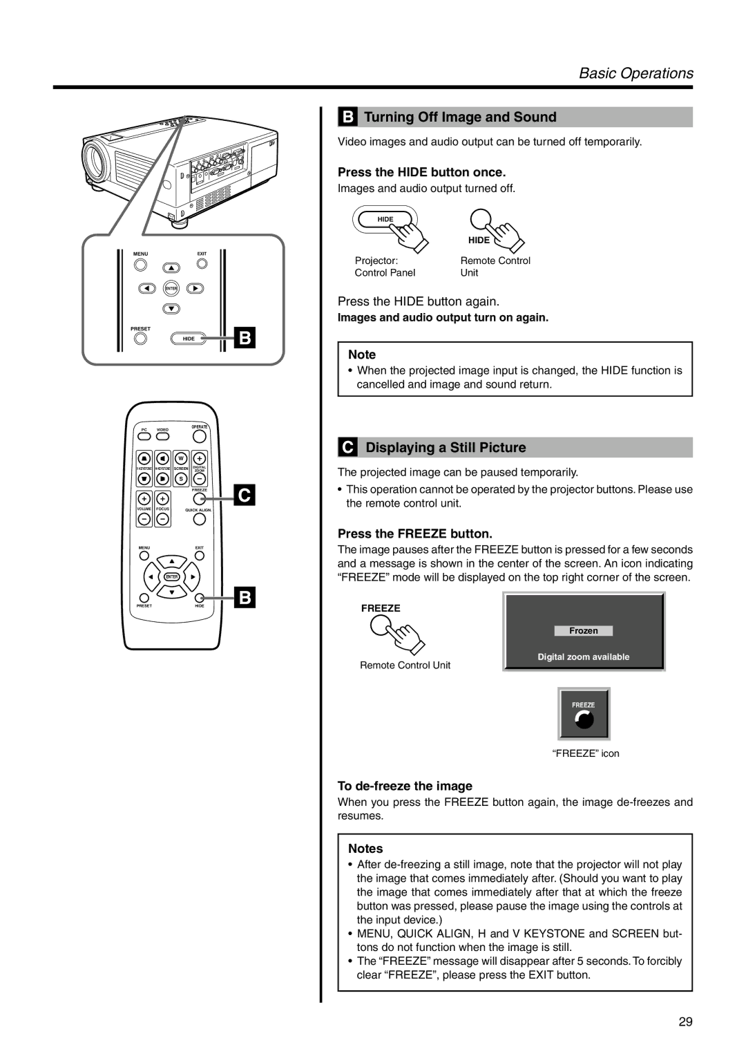 JVC DLA-SX21U Turning Off Image and Sound, Displaying a Still Picture, Press the Hide button once, Press the Freeze button 