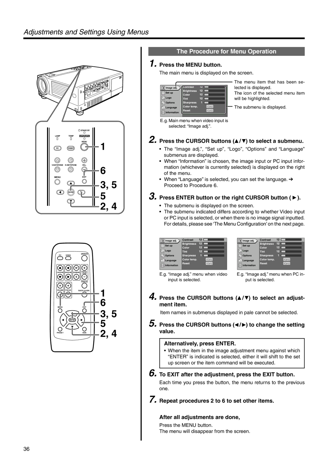 JVC DLA-SX21U manual Procedure for Menu Operation 