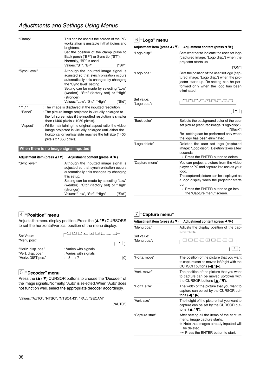 JVC DLA-SX21U manual Logo menu, Position menu, Decoder menu, Capture menu 