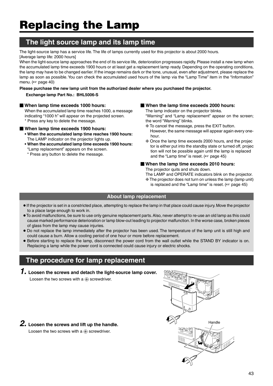 JVC DLA-SX21U manual Replacing the Lamp, Light source lamp and its lamp time, Procedure for lamp replacement 