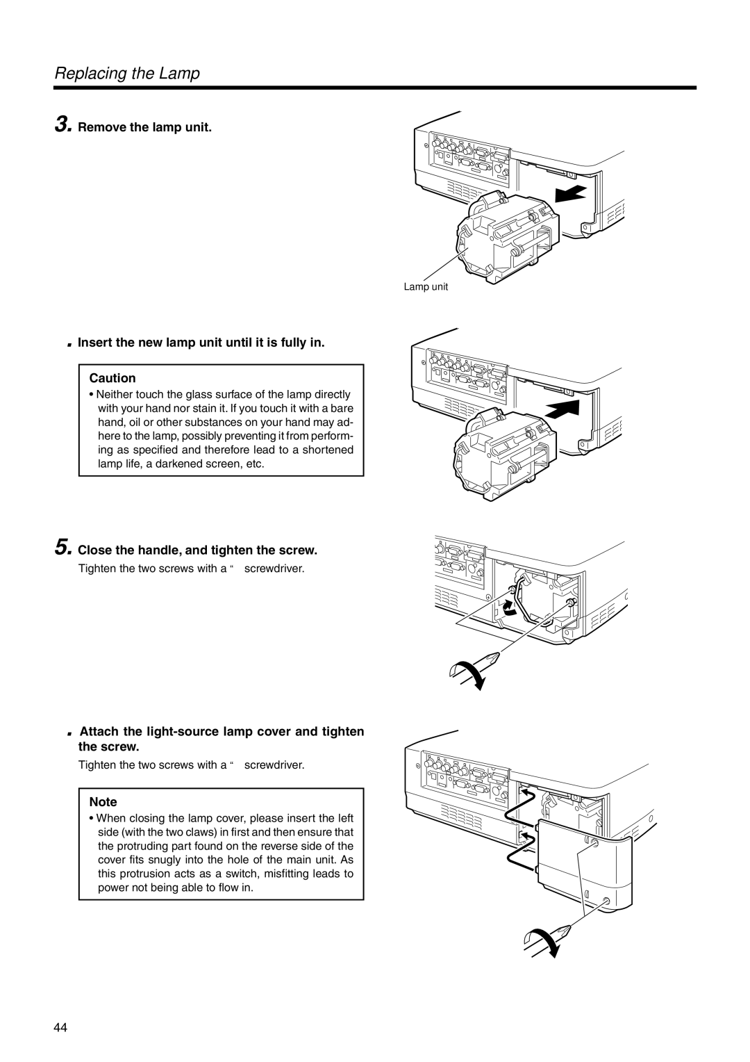 JVC DLA-SX21U manual Replacing the Lamp, Remove the lamp unit, Insert the new lamp unit until it is fully 