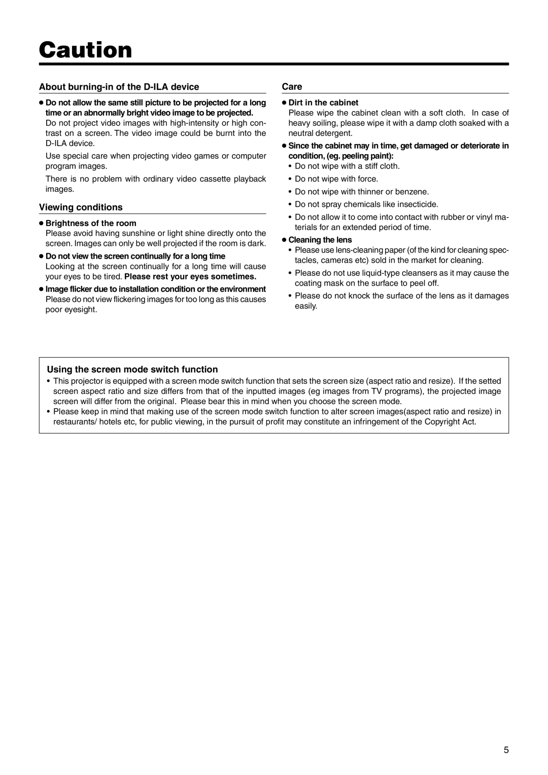 JVC DLA-SX21U manual About burning-in of the D-ILA device, Viewing conditions, Care, Using the screen mode switch function 