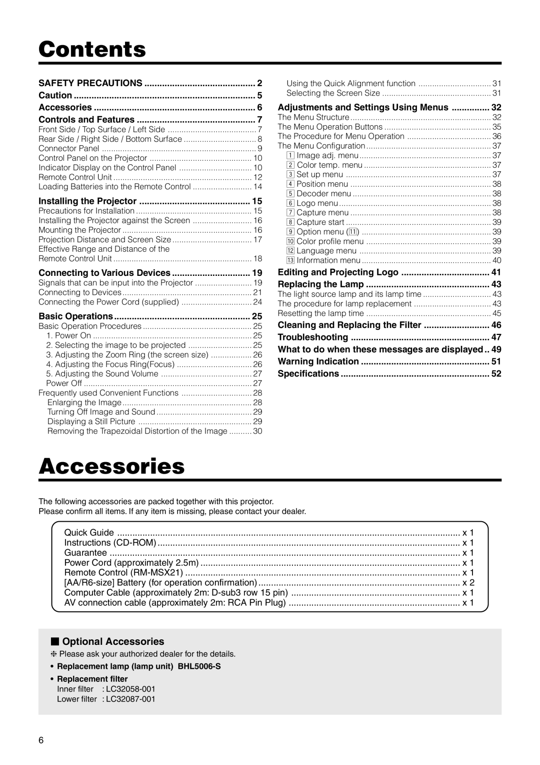 JVC DLA-SX21U manual Contents, Accessories 