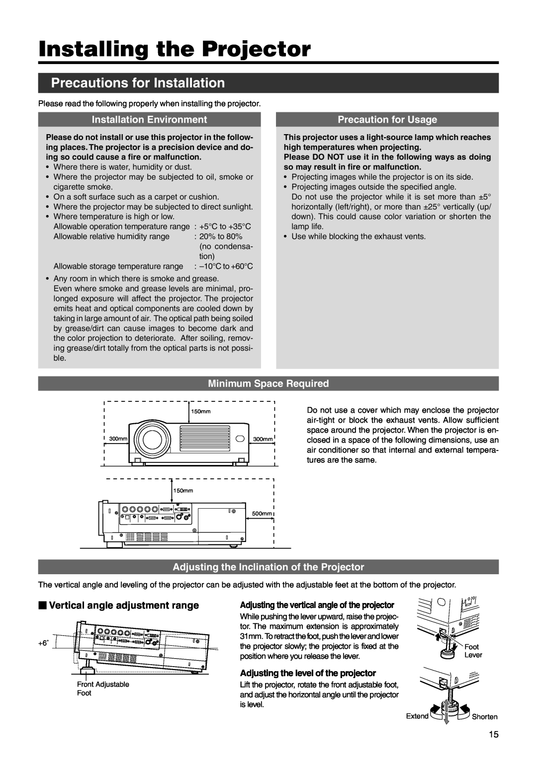 JVC DLA-SX21U manual Installing the Projector, Precautions for Installation, Installation Environment, Precaution for Usage 