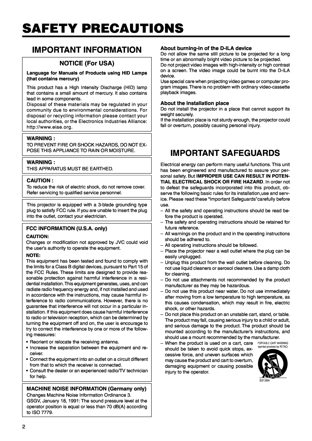 JVC DLA-SX21U manual Safety Precautions, Important Information, NOTICE For USA, FCC INFORMATION U.S.A. only 