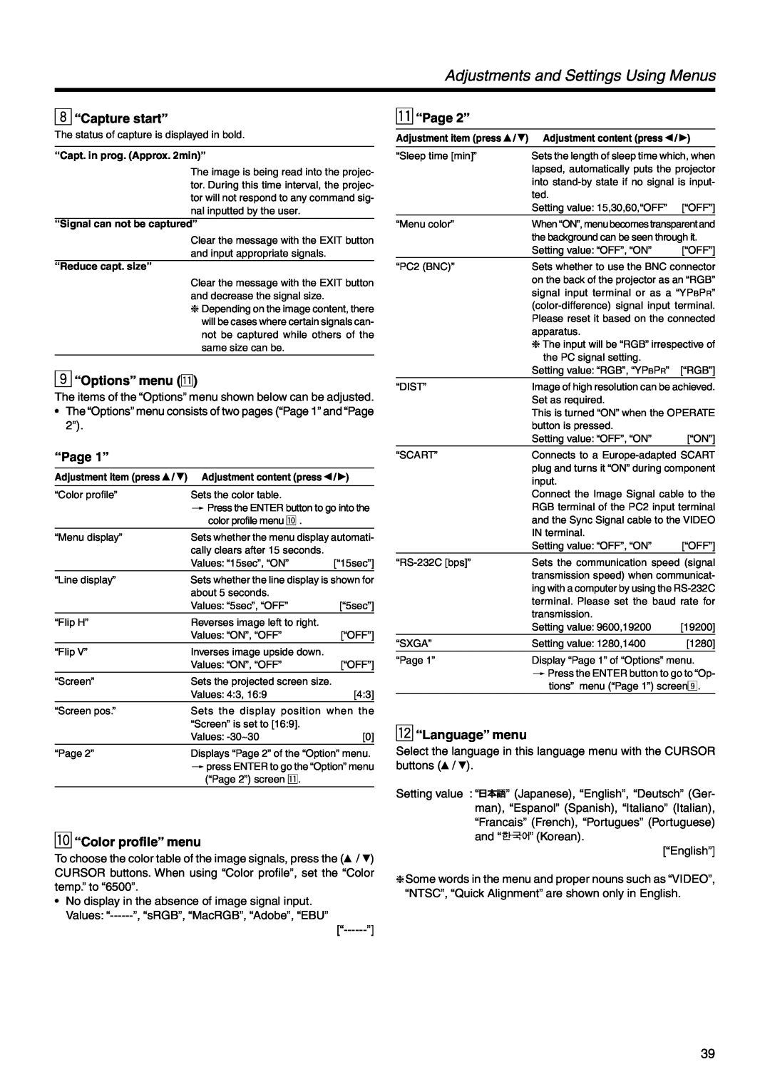 JVC DLA-SX21U manual 8 “Capture start”, 9 “Options” menu q, “Page 1”, p “Color profile” menu, q “Page 2”, w “Language” menu 