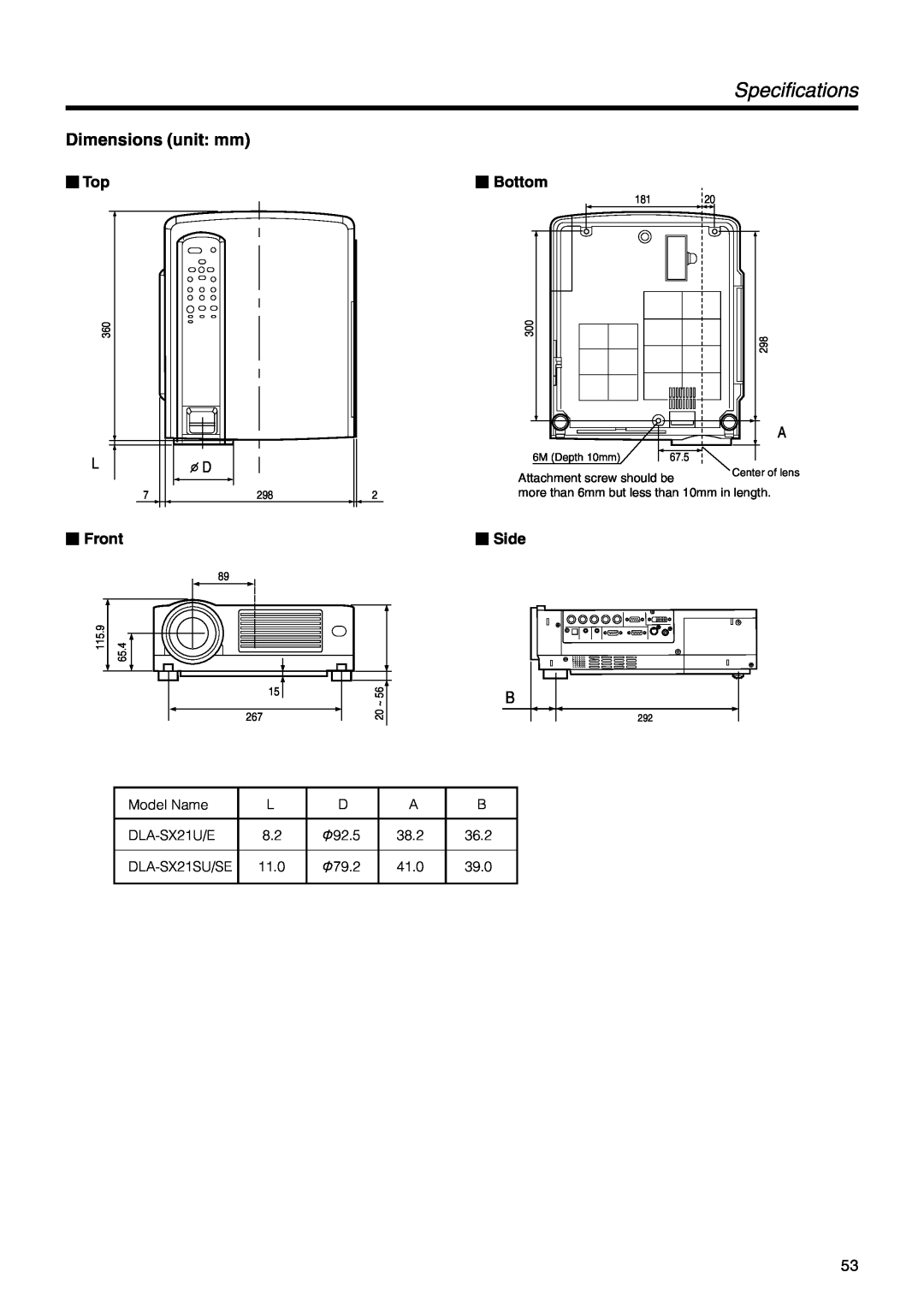 JVC DLA-SX21U manual Specifications, Dimensions unit mm,  Top,  Bottom,  Front,  Side 