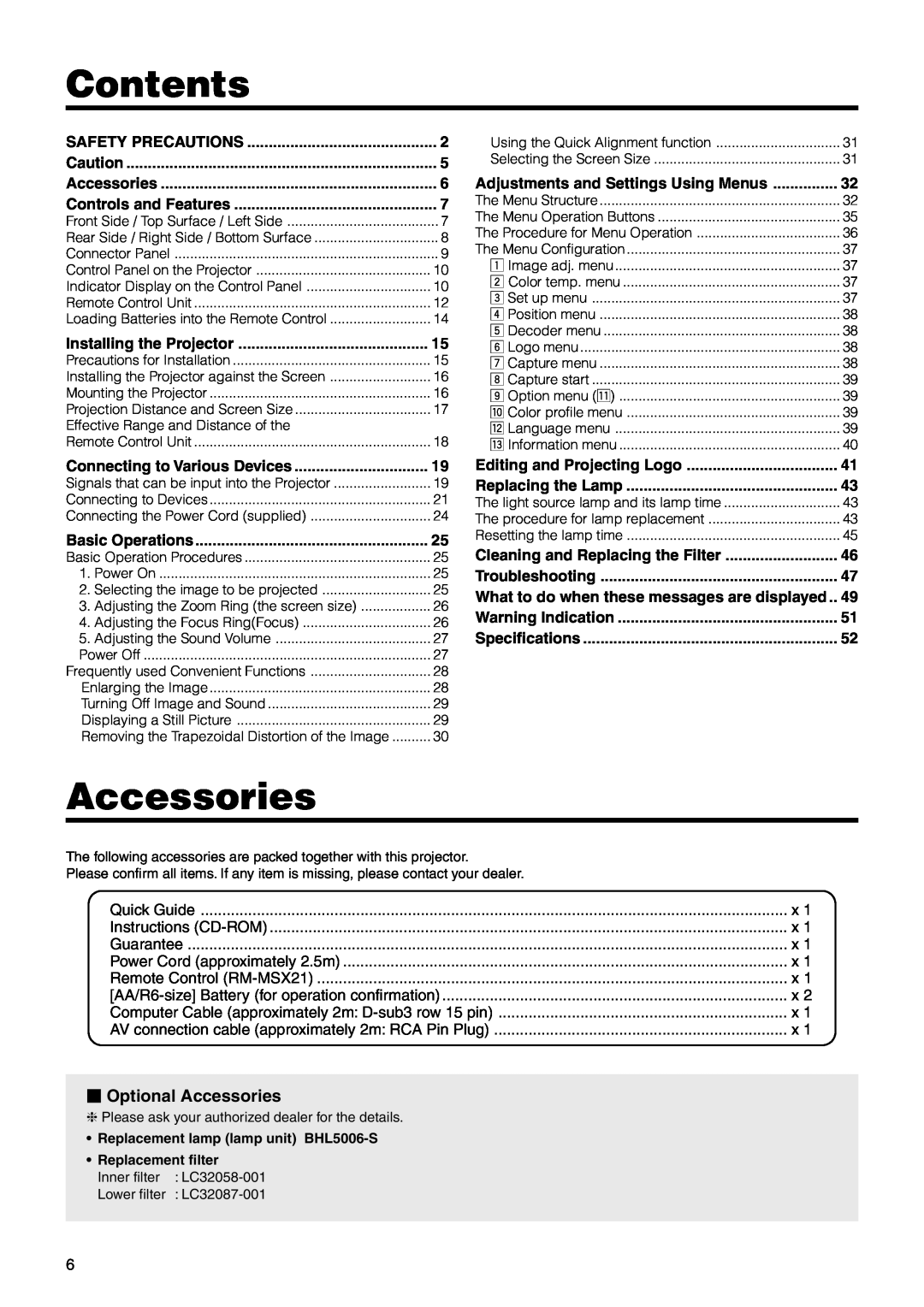 JVC DLA-SX21U manual Contents,  Optional Accessories, Adjustments and Settings Using Menus, Safety Precautions 
