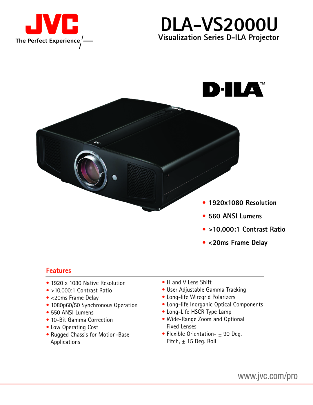 JVC DLA-VS2000U manual Visualization Series D-ILA Projector, Features, 20ms Frame Delay 