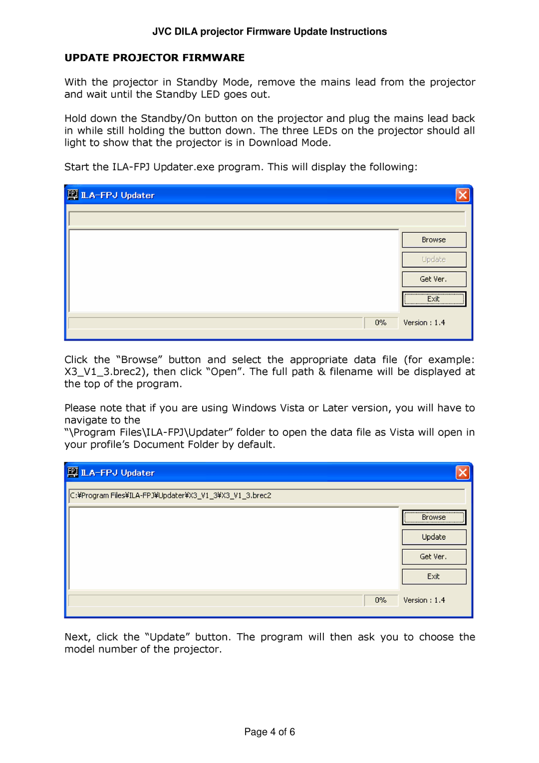 JVC DLA-X3, DLA-RS40 manual Update Projector Firmware 