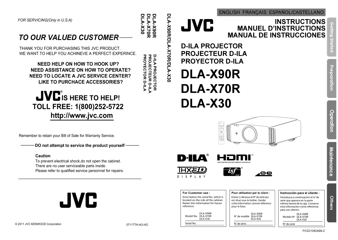 JVC DLA-X90R, DLA-X30, DLA-X70R manual Remember to retain your Bill of Sale for Warranty Service, JVC Kenwood Corporation 