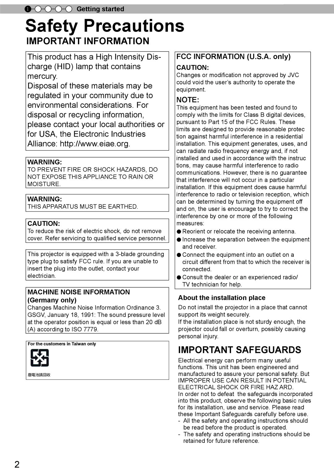 JVC DLA-X70R Safety Precautions, Getting started, Machine Noise Information Germany only, About the installation place 