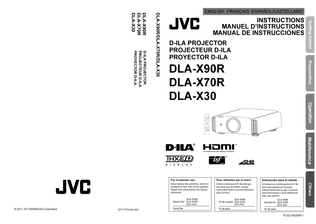 JVC DLA-X90R, DLA-X70R manual X70R/DLA-X30, JVC Kenwood Corporation, Instrucción para el cliente, PC021082599-1 