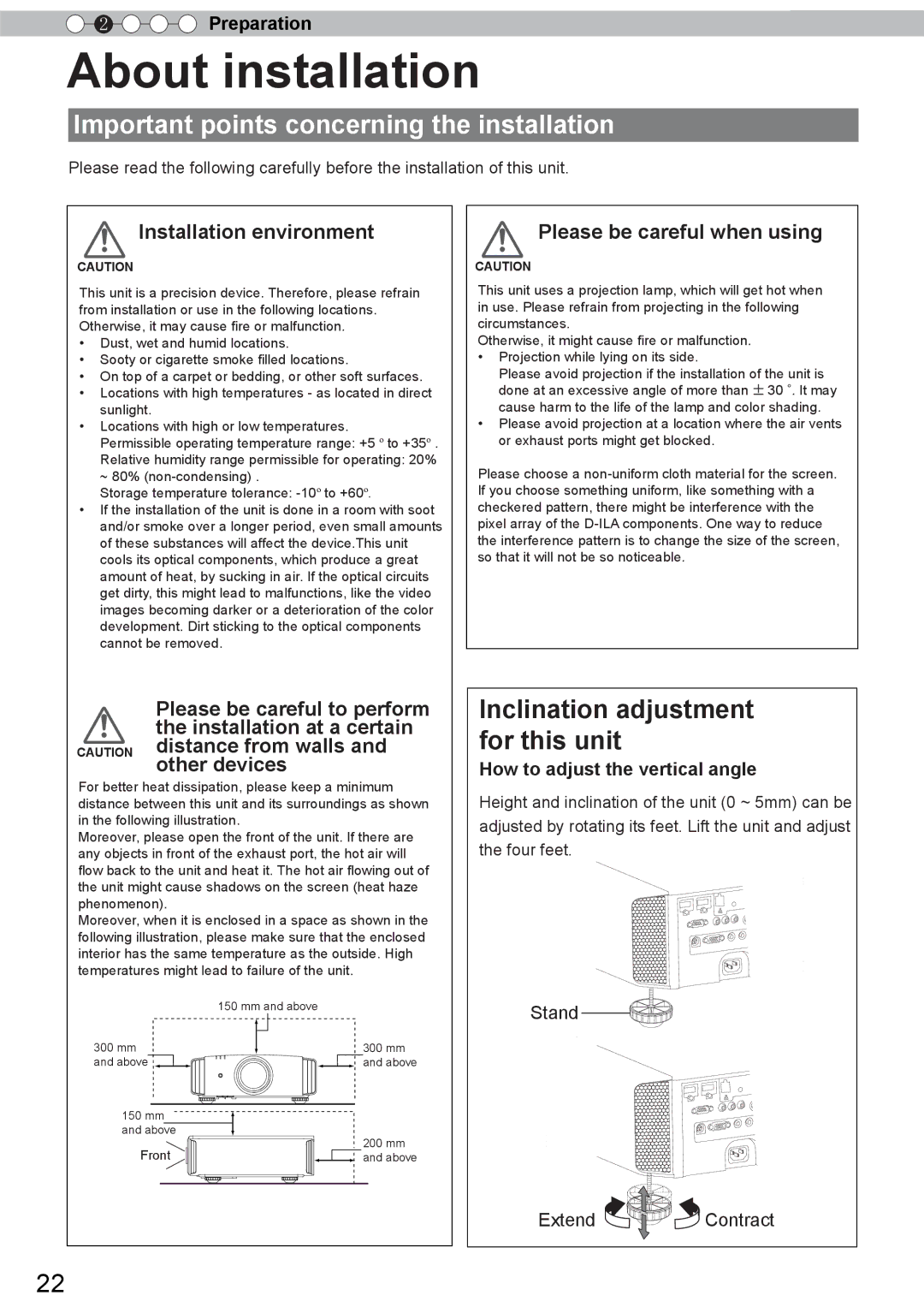 JVC DLA-X90R, DLA-X30 About installation, Important points concerning the installation, Preparation, Stand Extend Contract 