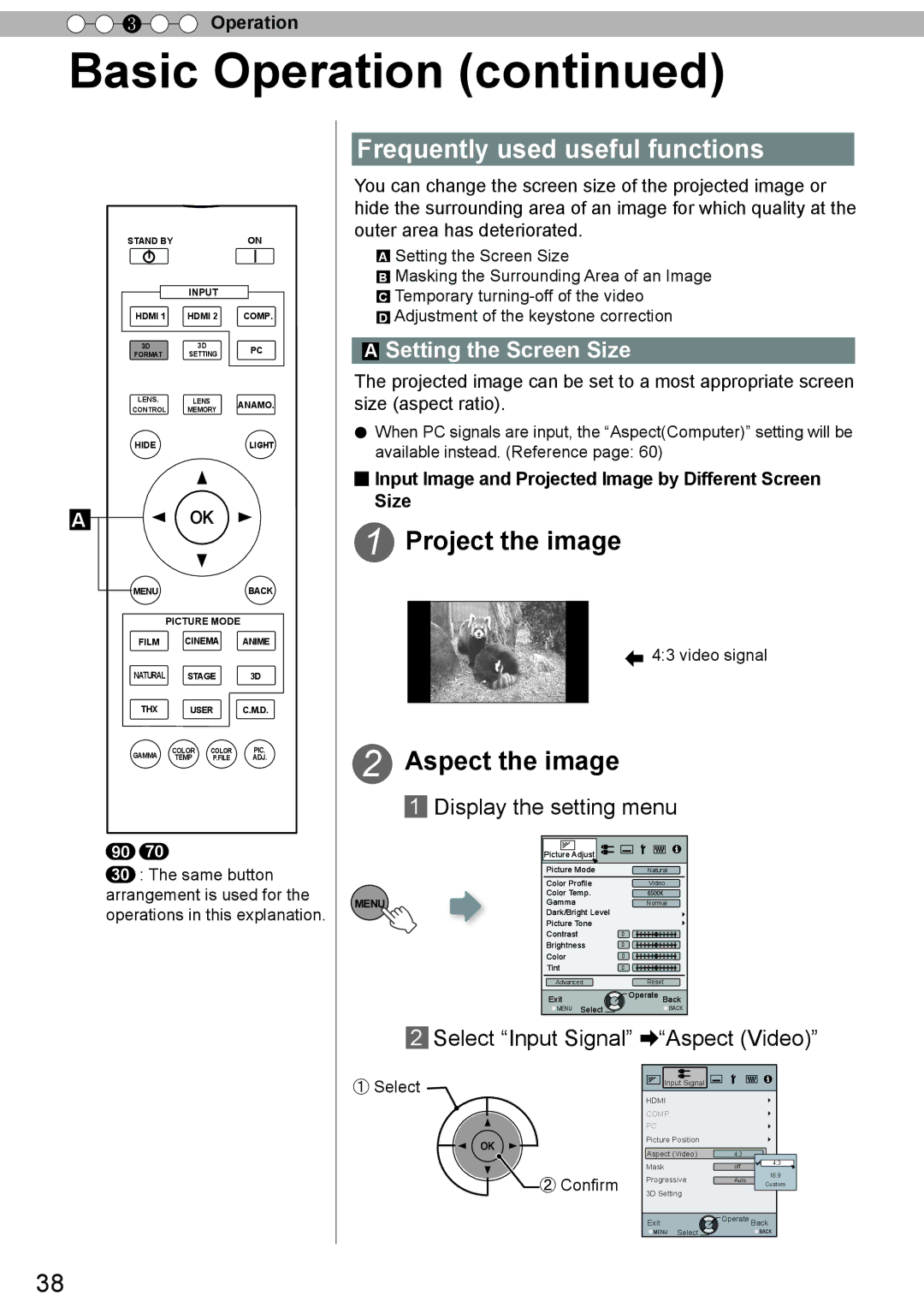 JVC DLA-X70R, DLA-X30, DLA-X90R manual Frequently used useful functions, Project the image, Aspect the image 