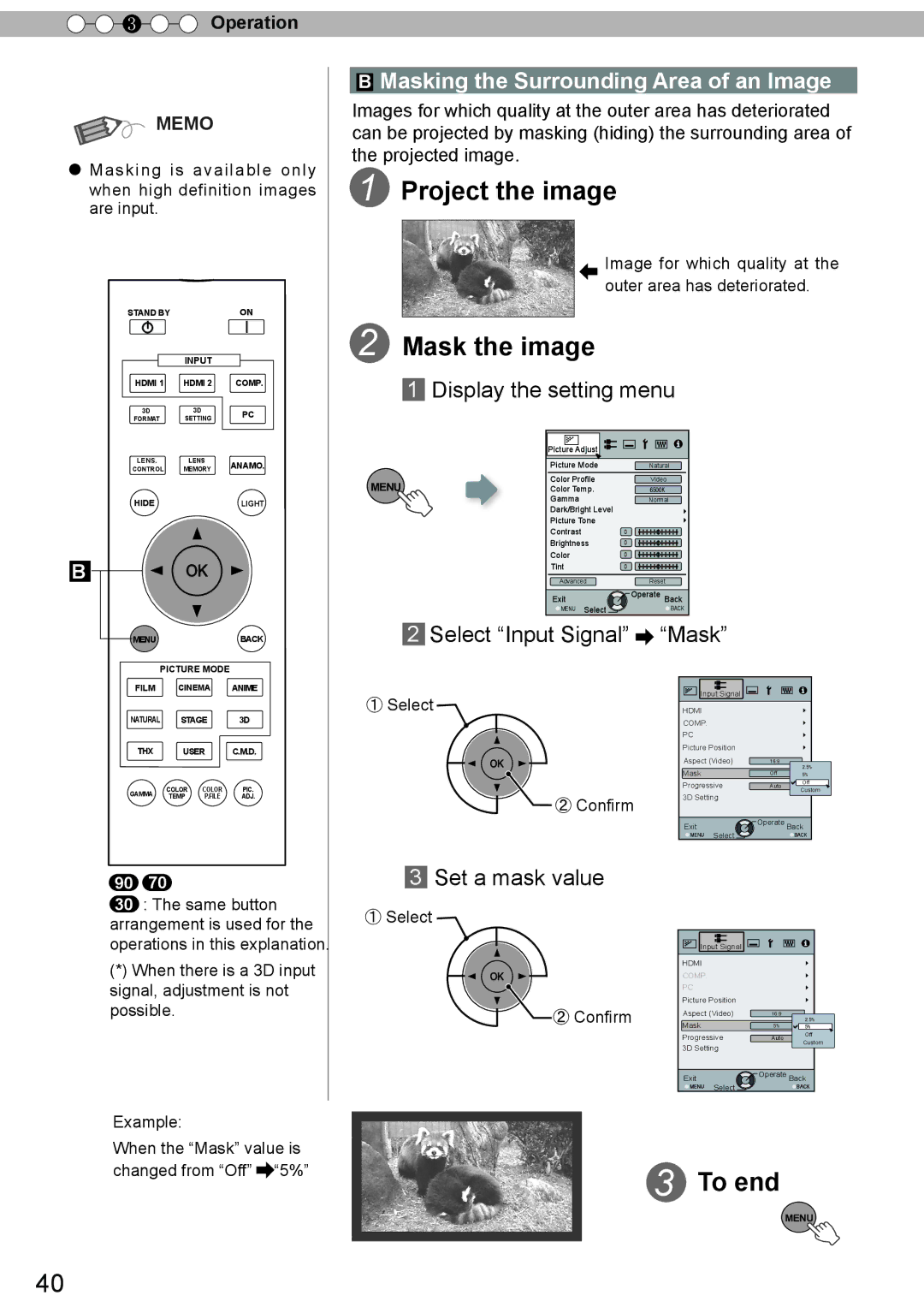 JVC DLA-X90R, DLA-X30, DLA-X70R manual Mask the image, Image for which quality at the outer area has deteriorated, ① Select 