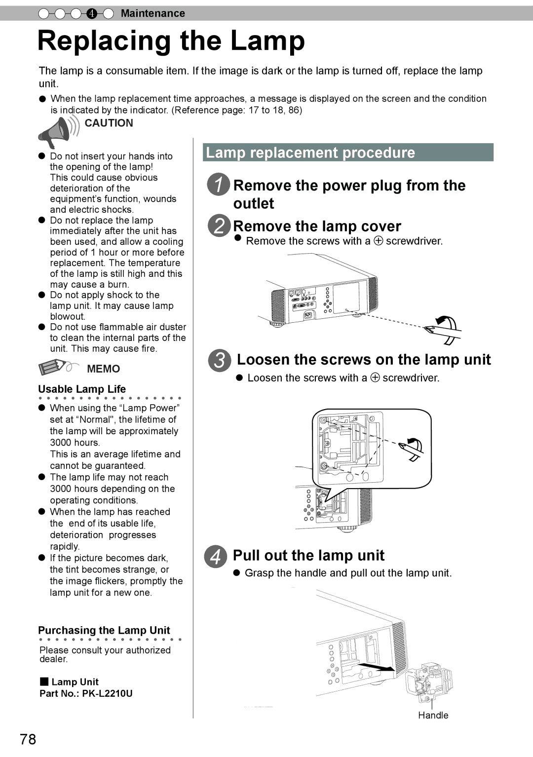 JVC DLA-X30, DLA-X90R, DLA-X70R manual Replacing the Lamp, Lamp replacement procedure 