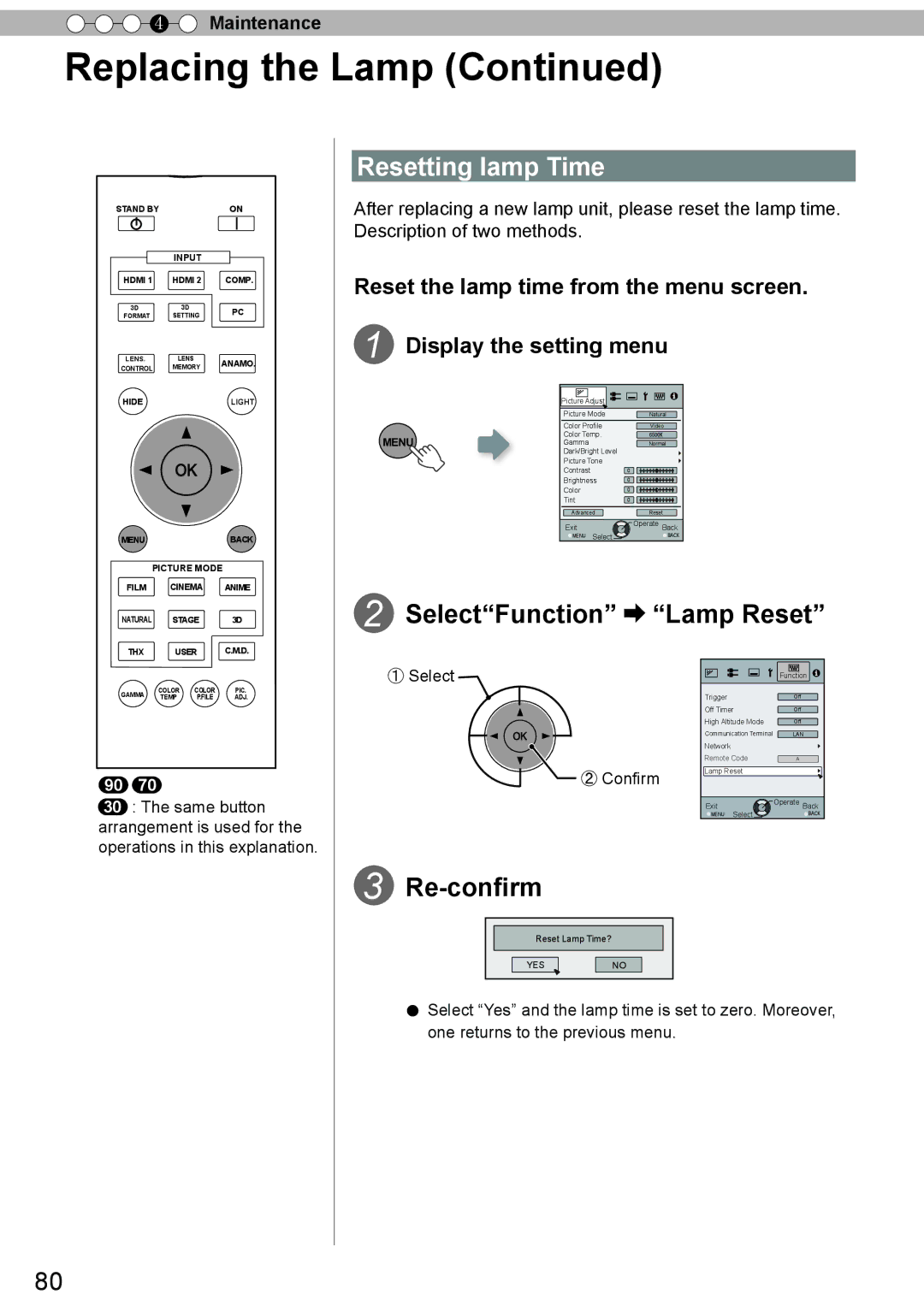 JVC DLA-X70R, DLA-X30, DLA-X90R manual Resetting lamp Time, SelectFunction Lamp Reset, Re-confirm 