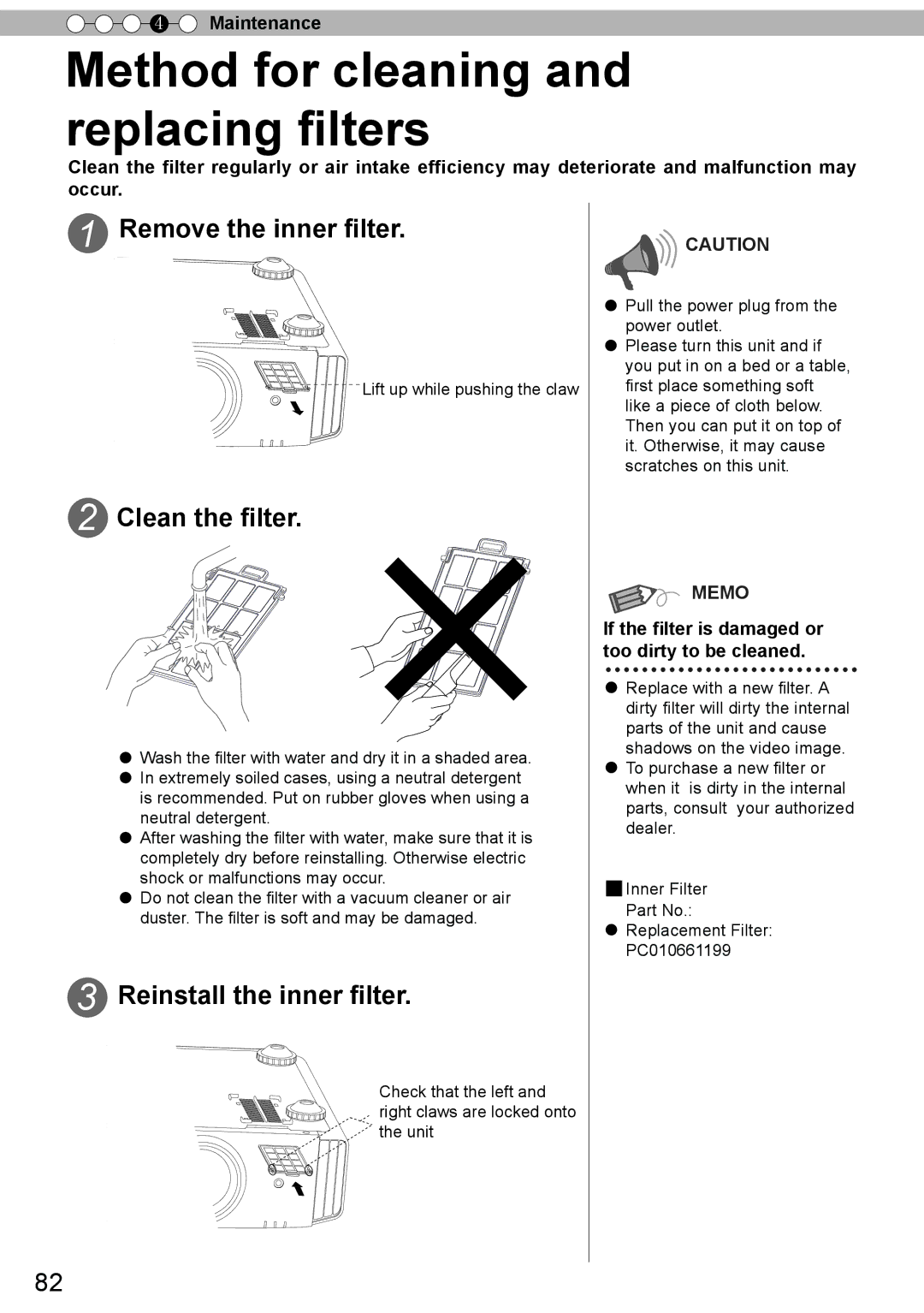 JVC DLA-X90R, DLA-X30, DLA-X70R manual Method for cleaning and replacing filters, Remove the inner filter, Clean the filter 