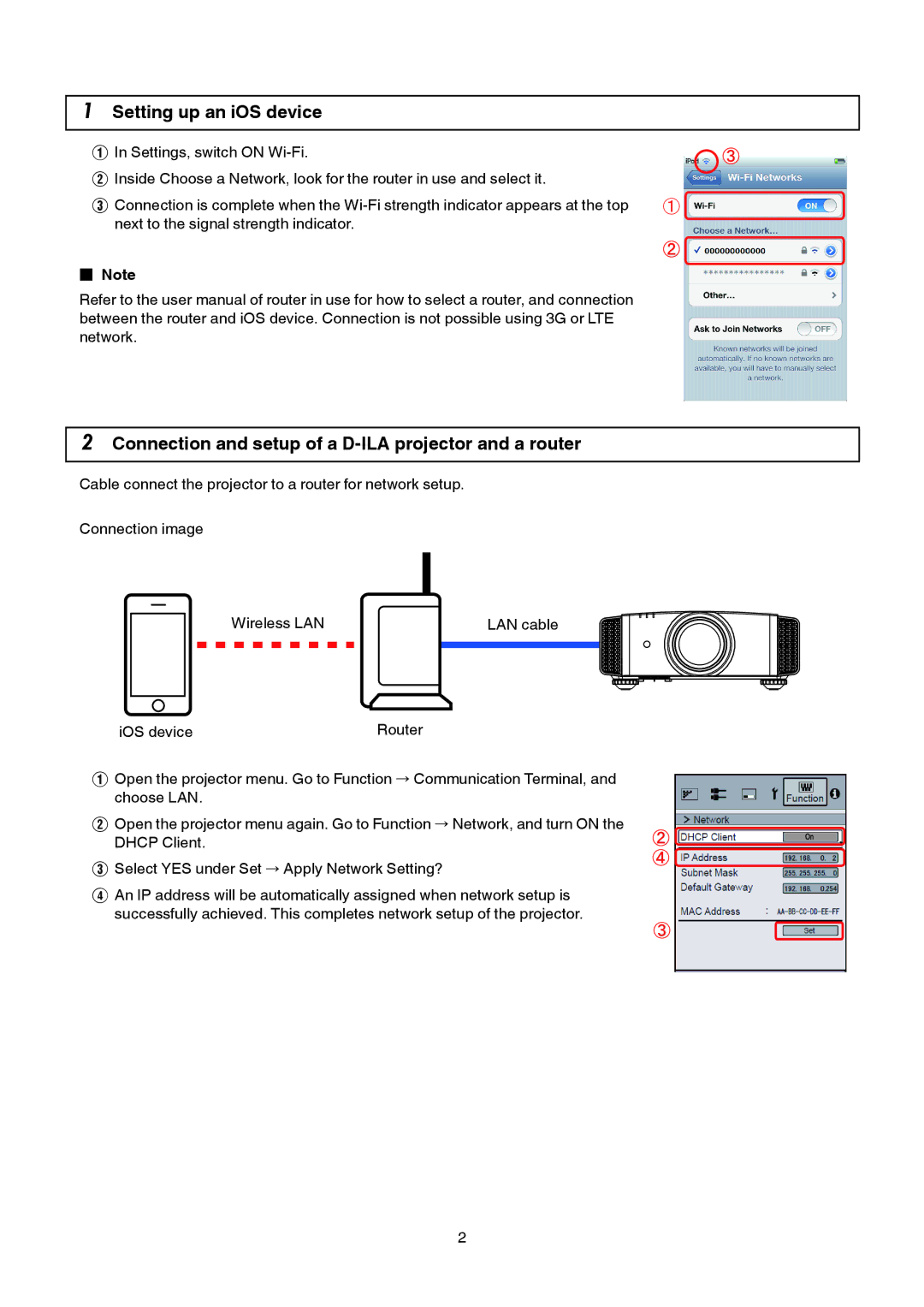 JVC DLA-RS4810, DLA-X35, DLA-X55R, DLA-X95R Setting up an iOS device, Connection and setup of a D-ILA projector and a router 