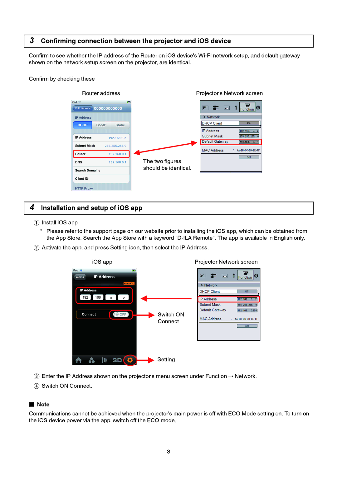 JVC DLA-XC7800R, DLA-X35 Confirming connection between the projector and iOS device, Installation and setup of iOS app 