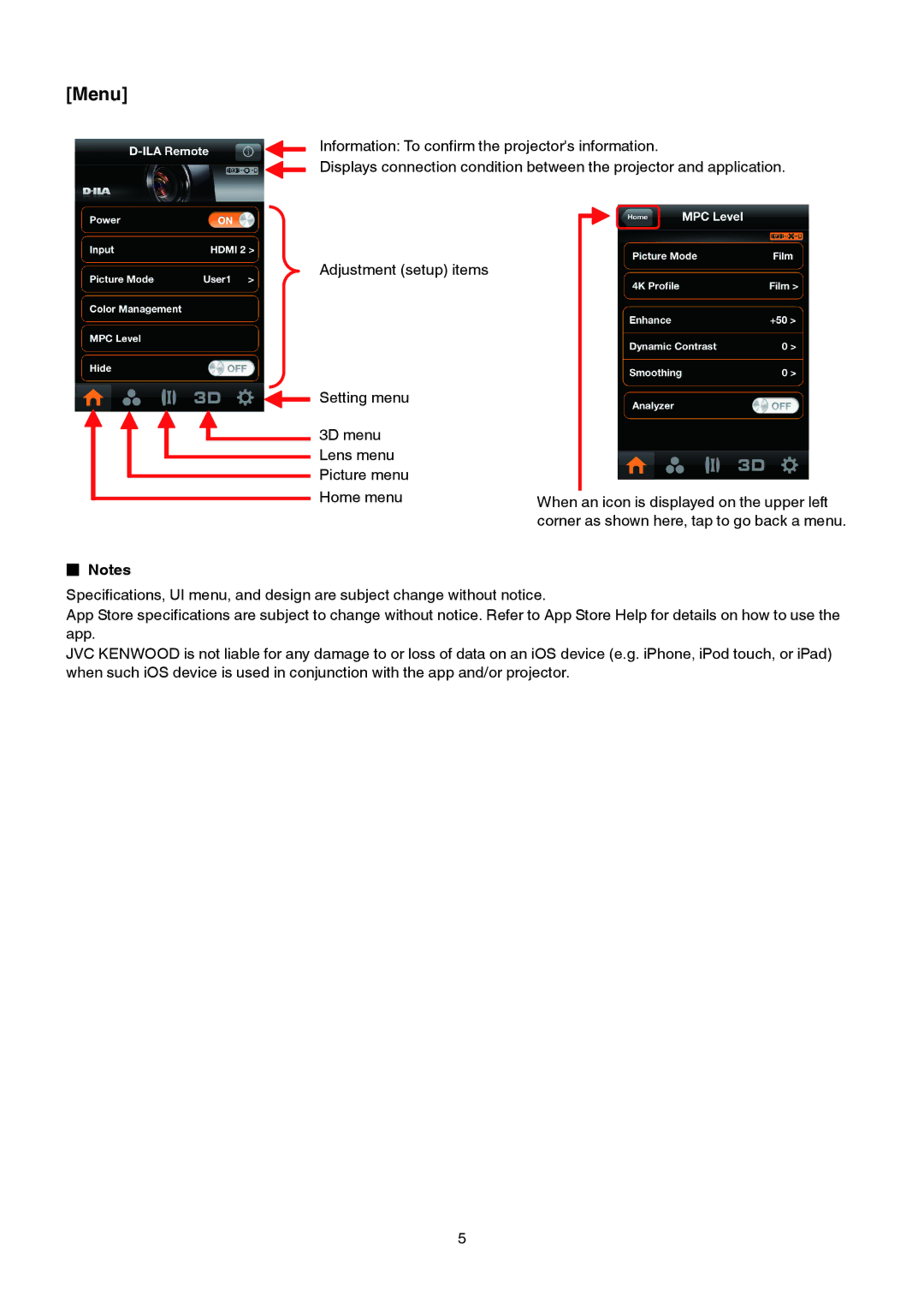 JVC DLA-XC5800R, DLA-X35, DLA-X55R, DLA-RS4810, DLA-XC7800R, DLA-XC3800, DLA-X95R, DLA-X75R manual Menu,  Notes 