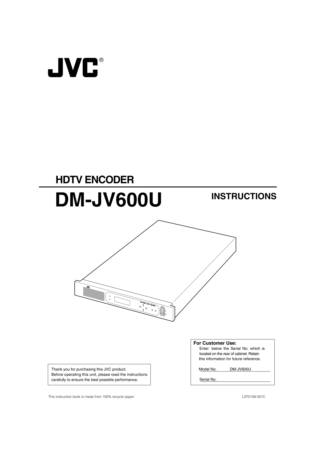 JVC DM-JV600U manual This instruction book is made from 100% recycle paper 