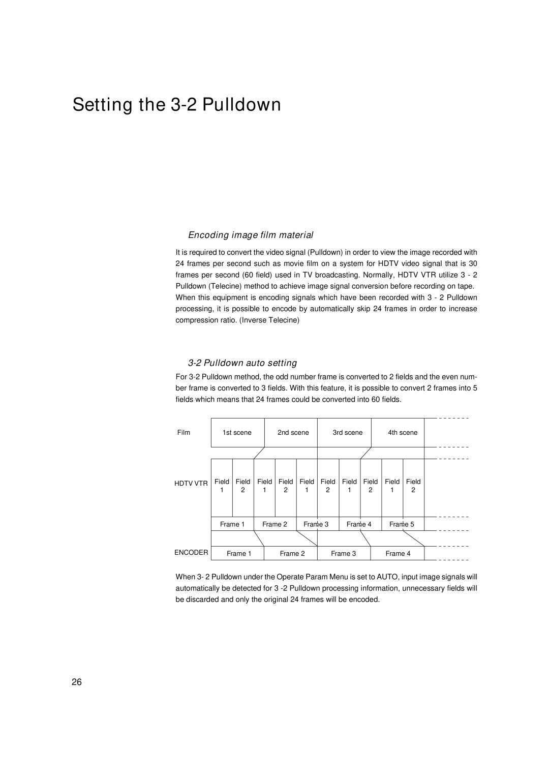 JVC DM-JV600U manual Setting the 3-2 Pulldown, Encoding image film material, Pulldown auto setting 