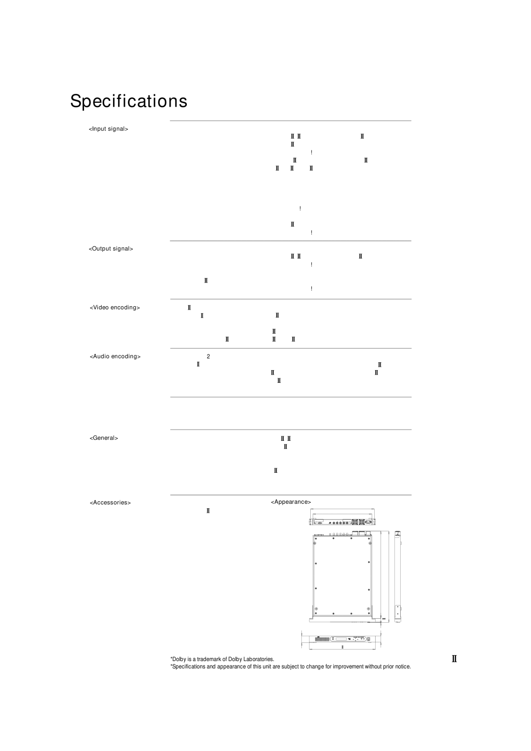 JVC DM-JV600U manual Specifications, Input signal Output signal Video encoding Audio encoding 