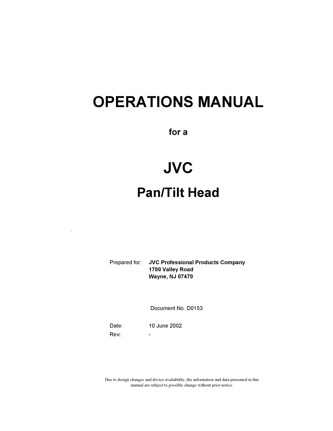 JVC DPT 115 manual Operations Manual 