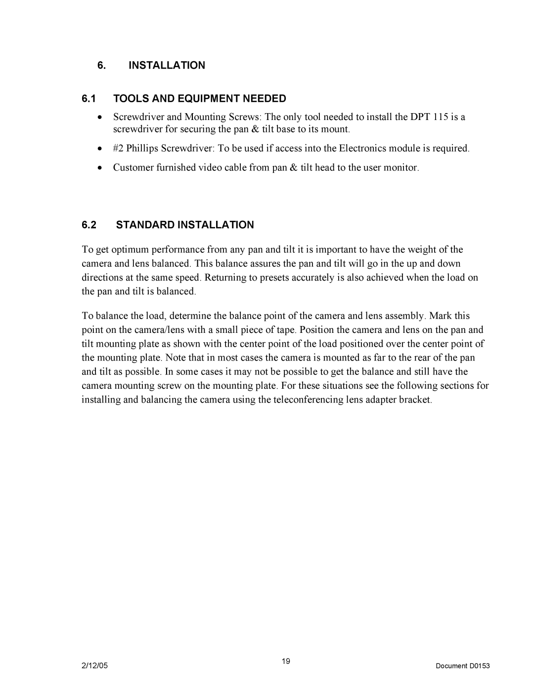 JVC DPT 115 manual Installation Tools and Equipment Needed, Standard Installation 