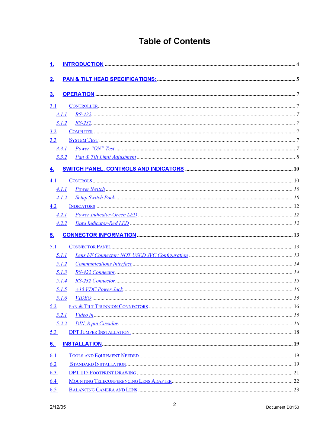 JVC DPT 115 manual Table of Contents 