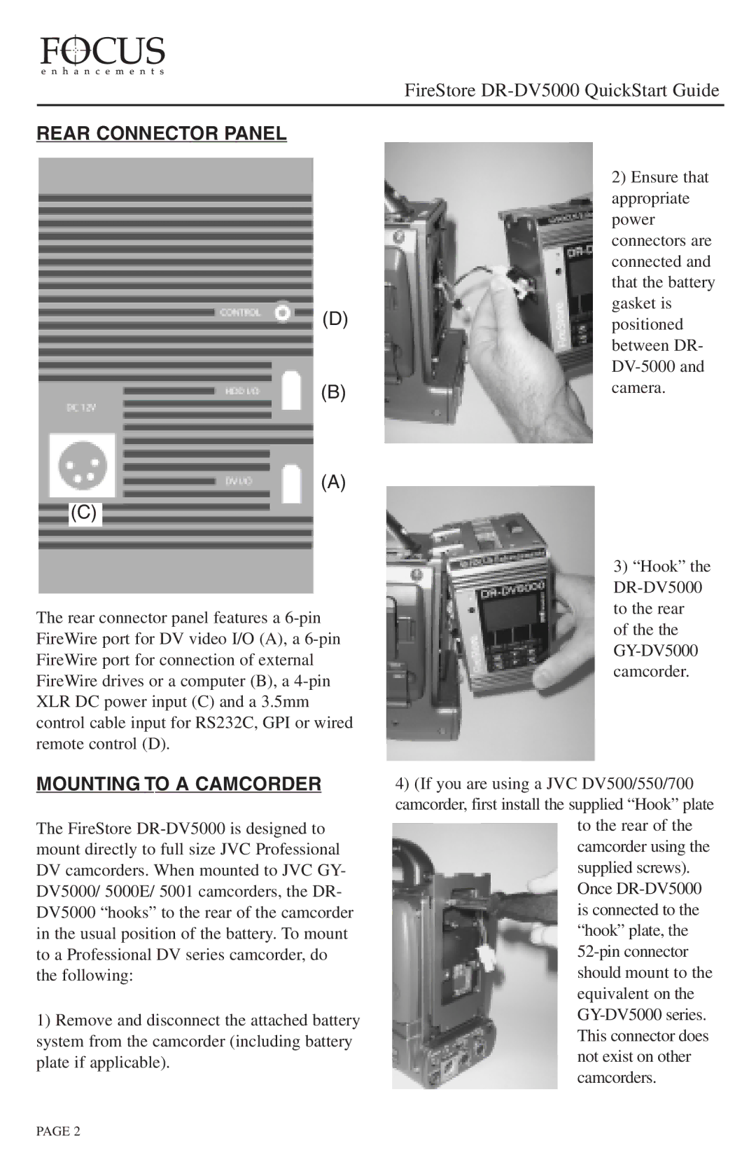 JVC DR-DV5000 quick start Rear Connector Panel, Mounting to a Camcorder 