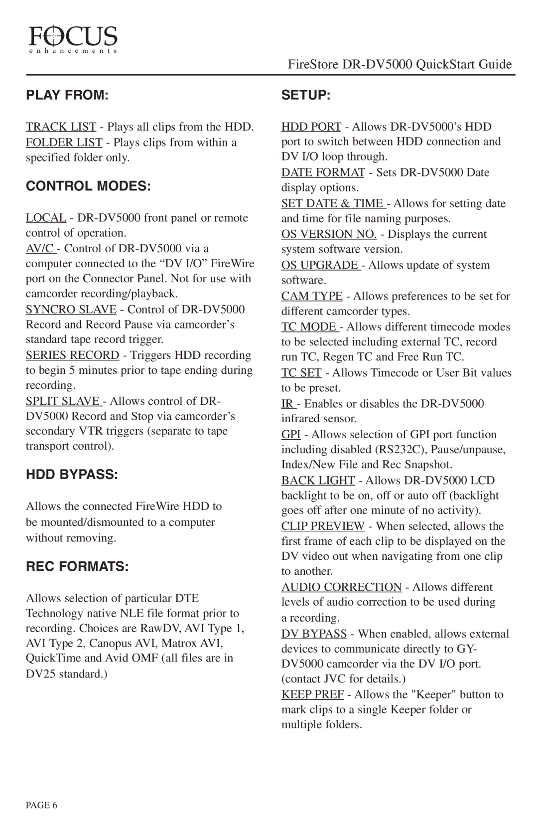 JVC DR-DV5000 quick start Play from, Control Modes, HDD Bypass, REC Formats, Setup 