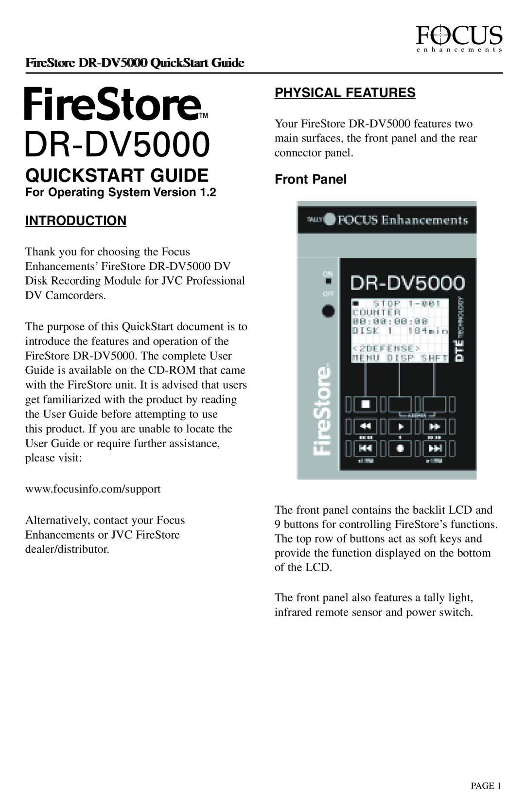 JVC DR-DV5000 quick start Introduction, Physical Features, Front Panel, For Operating System Version, Quickstart Guide 