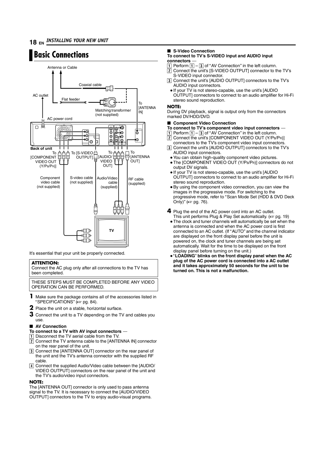 JVC DR-DX5SU manual Basic Connections, Video Connection, To connect to TV’s S-VIDEO input and Audio input, Connectors 