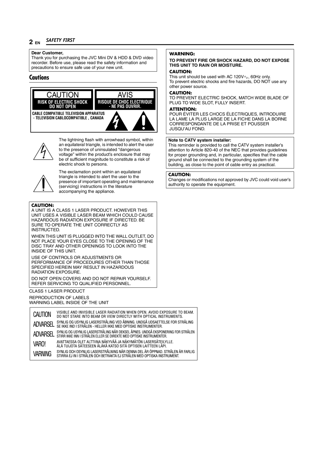 JVC DR-DX5SU manual Safety First, Dear Customer 